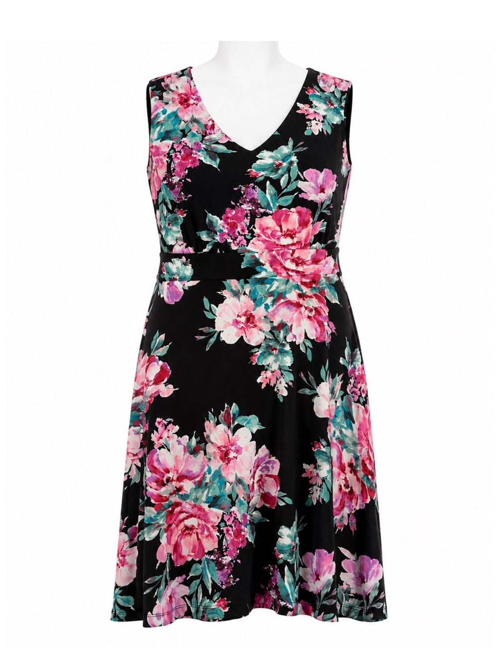 Size 16 Laura Plus Women’s Black Floral V-Neck Fit & Flare Midi Dress
